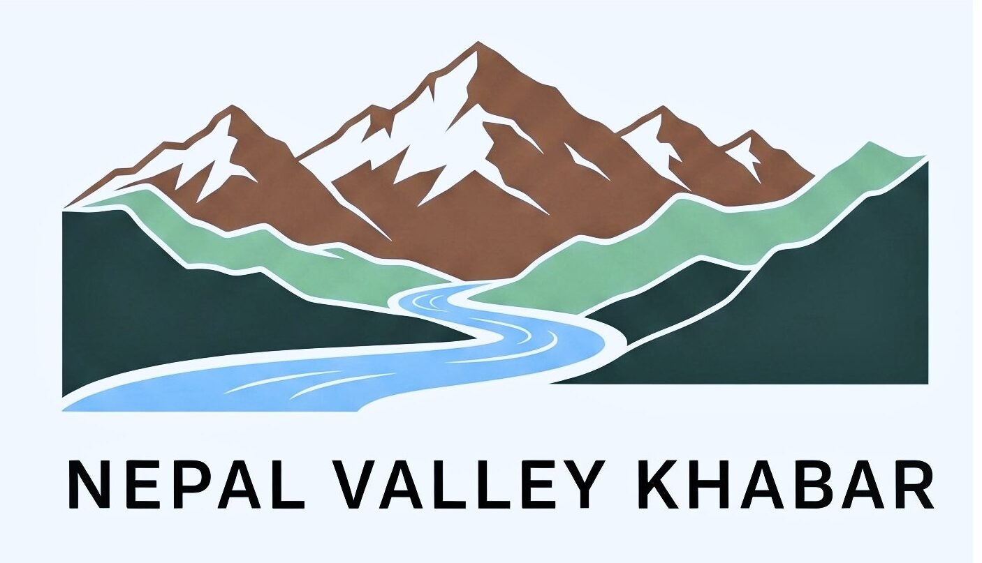 This minimalist logo for **Nepal Valley Khabar** features a serene landscape dominated by **stylized mountains** and a **flowing river**. The **mountains** are depicted with a clean, angular silhouette, suggesting the grandeur of the Himalayas without being overly detailed. They are rendered in **earthy tones of brown and muted green**, with touches of white at the peaks to subtly represent snowcaps. Winding through the base of the mountains is a **smooth, blue river**, symbolizing the "valley" aspect of the name. The river's gentle curves create a sense of movement and tranquility, reinforcing the natural theme. Below the landscape, the words **"NEPAL VALLEY KHABAR"** are presented in a clear, sans-serif font, ensuring high readability. The overall design is simple yet effective, conveying a strong connection to Nepal's natural beauty while maintaining a professional and recognizable brand identity.